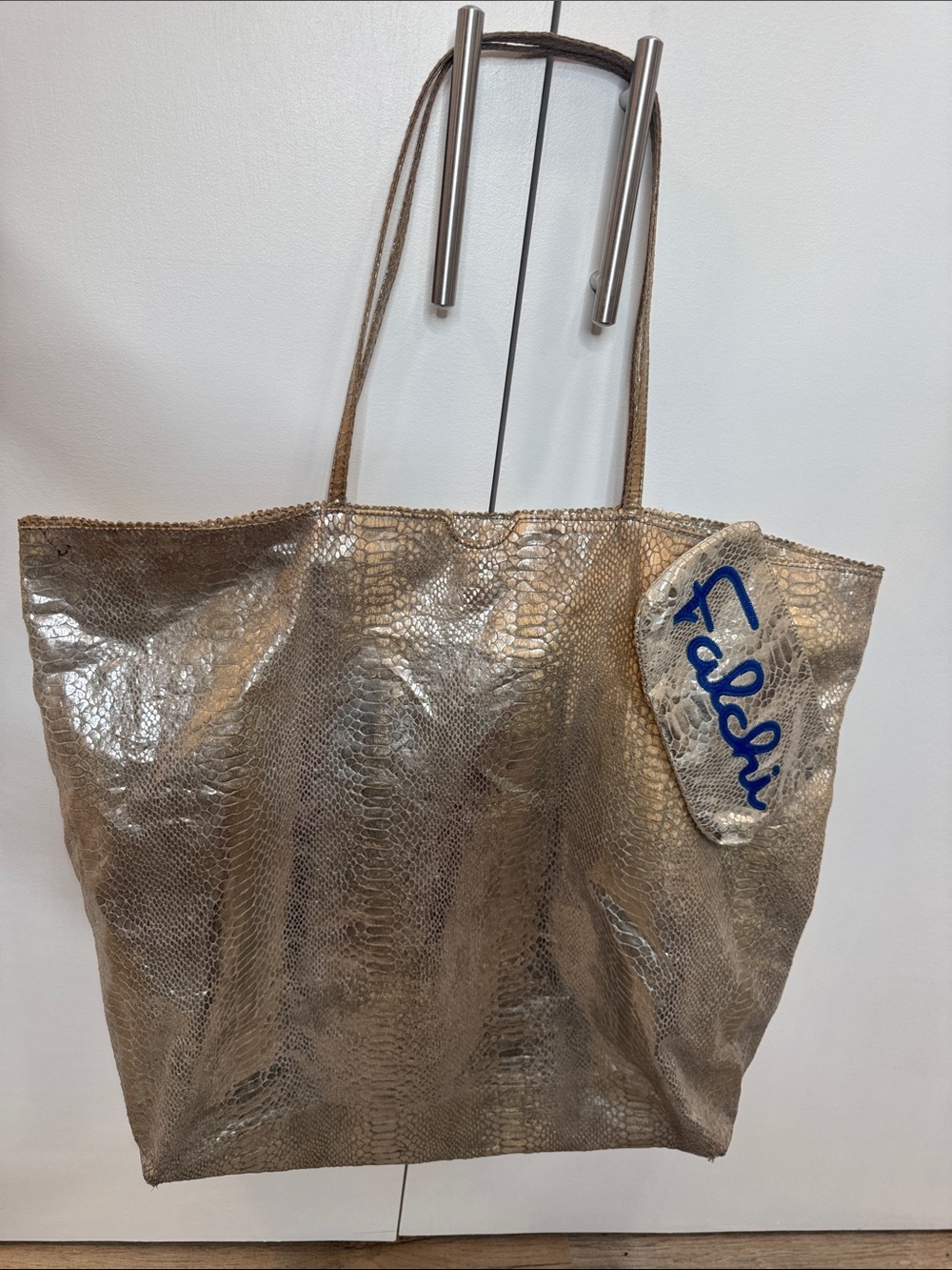Carlos Falchi LEATHER Metallic Gunmetal Silver Snake-Embossed Tote Bag- Handmade